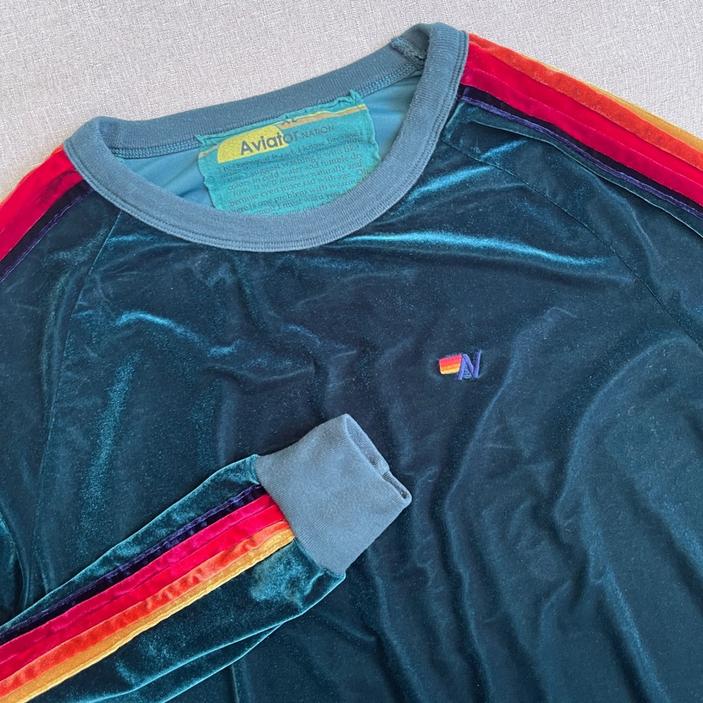 Aviator Nation Relaxed Velvet 5 Stripe Rainbow Sweatshirt Women XL Green $230 - Picture 4 of 13